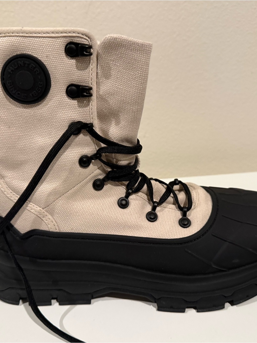 Hunter Cream Canvas and Black Rubber Lace-Up Boots - Picture 4 of 7